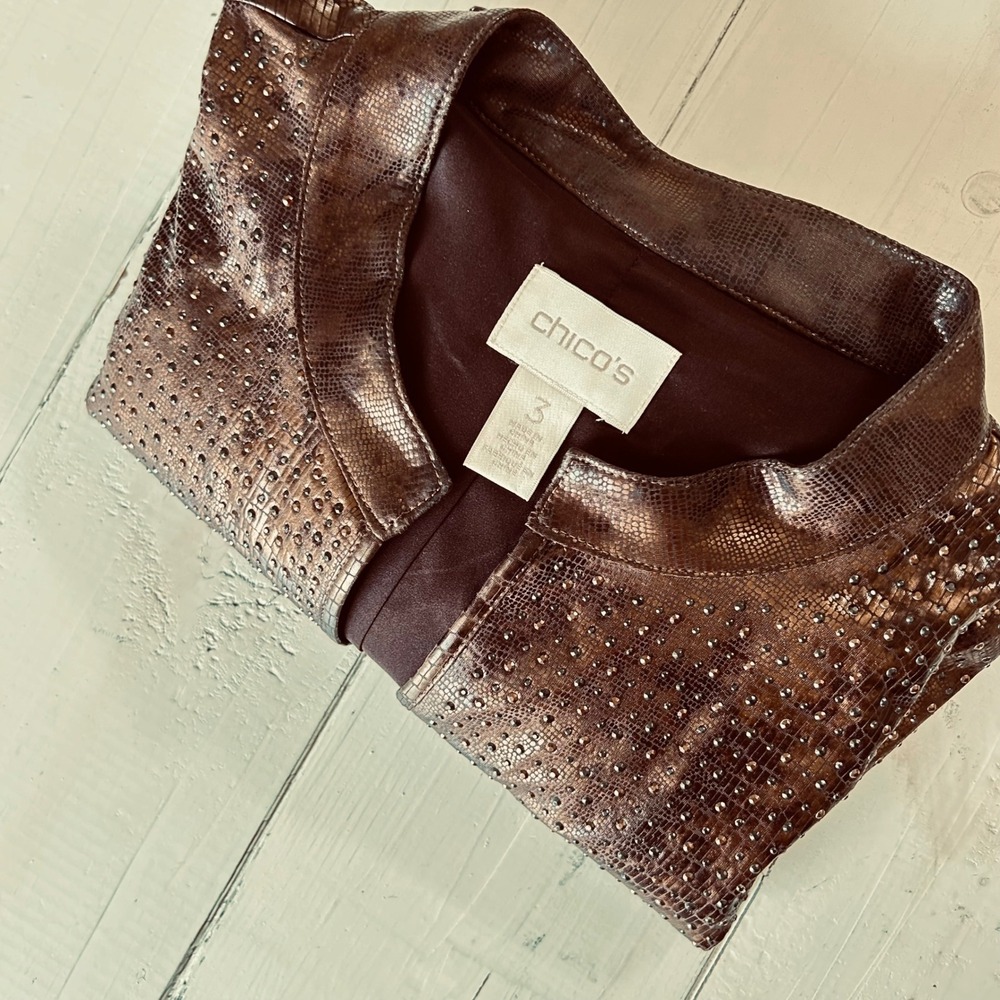 Chicos Bronze‎ Metallic Rhinestone Snakeskin Print Jacket Size 3 (women’s 16)